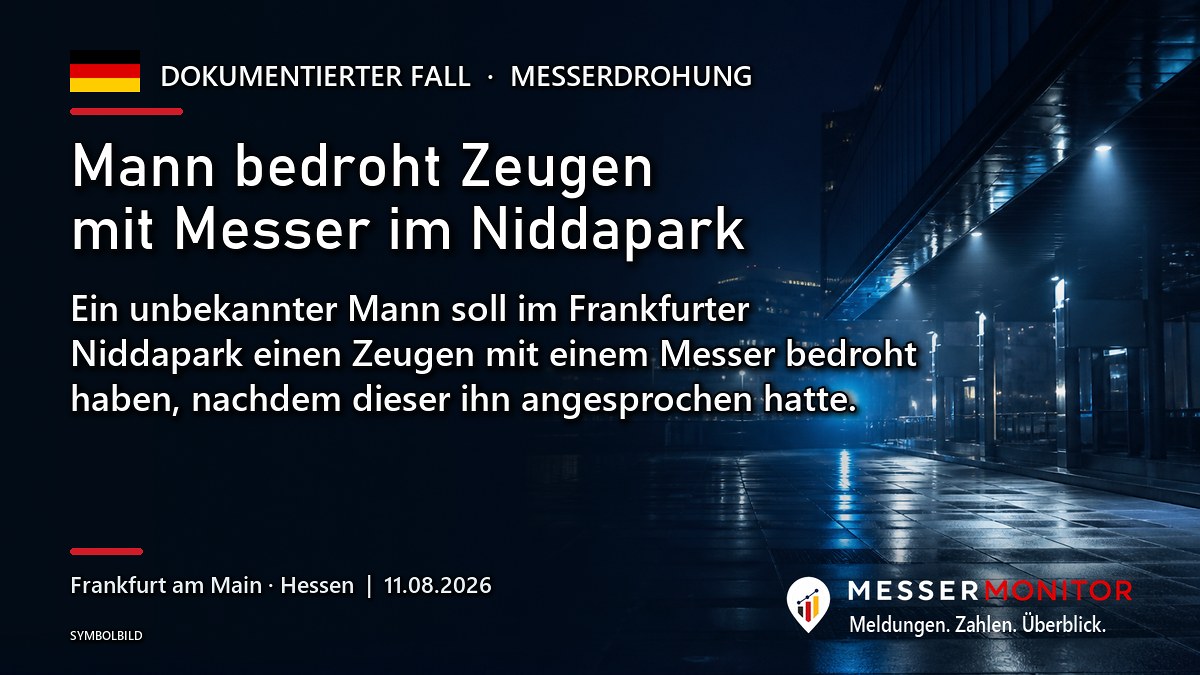 Titelgrafik: Mann bedroht Zeugen mit Messer im Niddapark. Ein unbekannter Mann soll im Frankfurter Niddapark einen Zeugen mit einem Messer bedroht haben, nachdem dieser ihn angesprochen hatte..