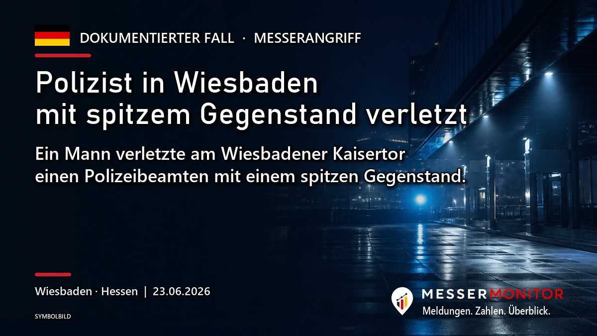 Titelgrafik: Polizist in Wiesbaden mit spitzem Gegenstand verletzt. Ein Mann verletzte am Wiesbadener Kaisertor einen Polizeibeamten mit einem spitzen Gegenstand..