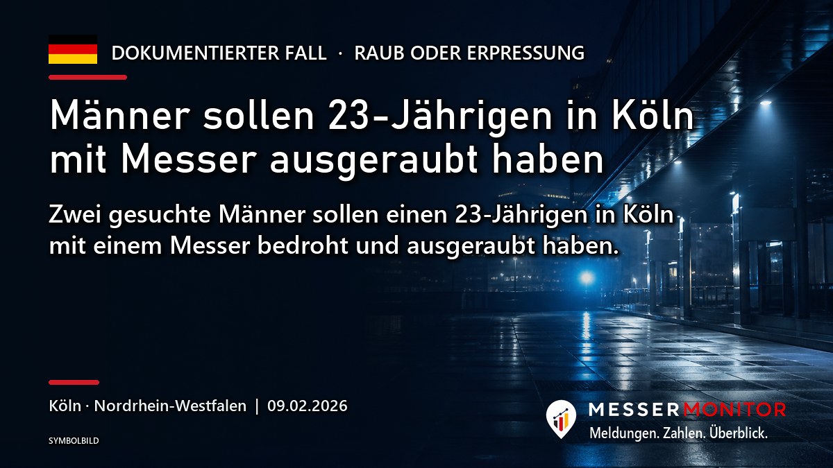 Titelgrafik: Männer sollen 23-Jährigen in Köln mit Messer ausgeraubt haben. Zwei gesuchte Männer sollen einen 23-Jährigen in Köln mit einem Messer bedroht und ausgeraubt haben..