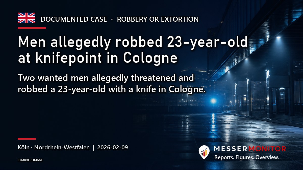 Title image: Men allegedly robbed 23-year-old at knifepoint in Cologne. Two wanted men allegedly threatened and robbed a 23-year-old with a knife in Cologne..