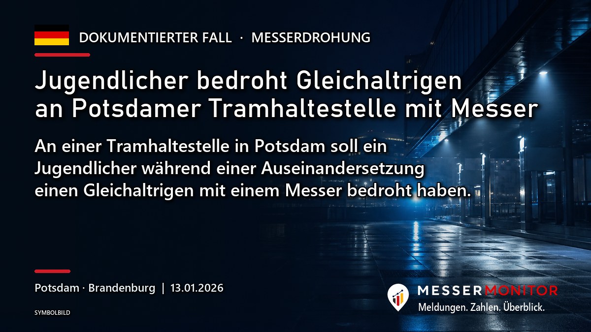 Titelgrafik: Jugendlicher bedroht Gleichaltrigen an Potsdamer Tramhaltestelle mit Messer. An einer Tramhaltestelle in Potsdam soll ein Jugendlicher während einer Auseinandersetzung einen Gleichaltrigen mit einem Messer bedroht haben..