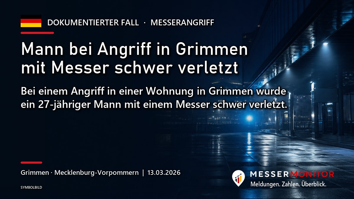 Titelgrafik: Mann bei Angriff in Grimmen mit Messer schwer verletzt. Bei einem Angriff in einer Wohnung in Grimmen wurde ein 27-jähriger Mann mit einem Messer schwer verletzt..