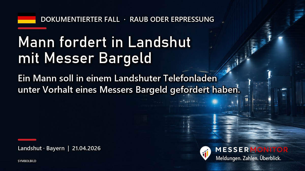 Titelgrafik: Mann fordert in Landshut mit Messer Bargeld. Ein Mann soll in einem Landshuter Telefonladen unter Vorhalt eines Messers Bargeld gefordert haben..