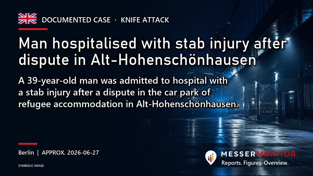 Title image: Man hospitalised with stab injury after dispute in Alt-Hohenschönhausen. A 39-year-old man was admitted to hospital with a stab injury after a dispute in the car park of refugee accommodation in Alt-Hohenschönhausen..