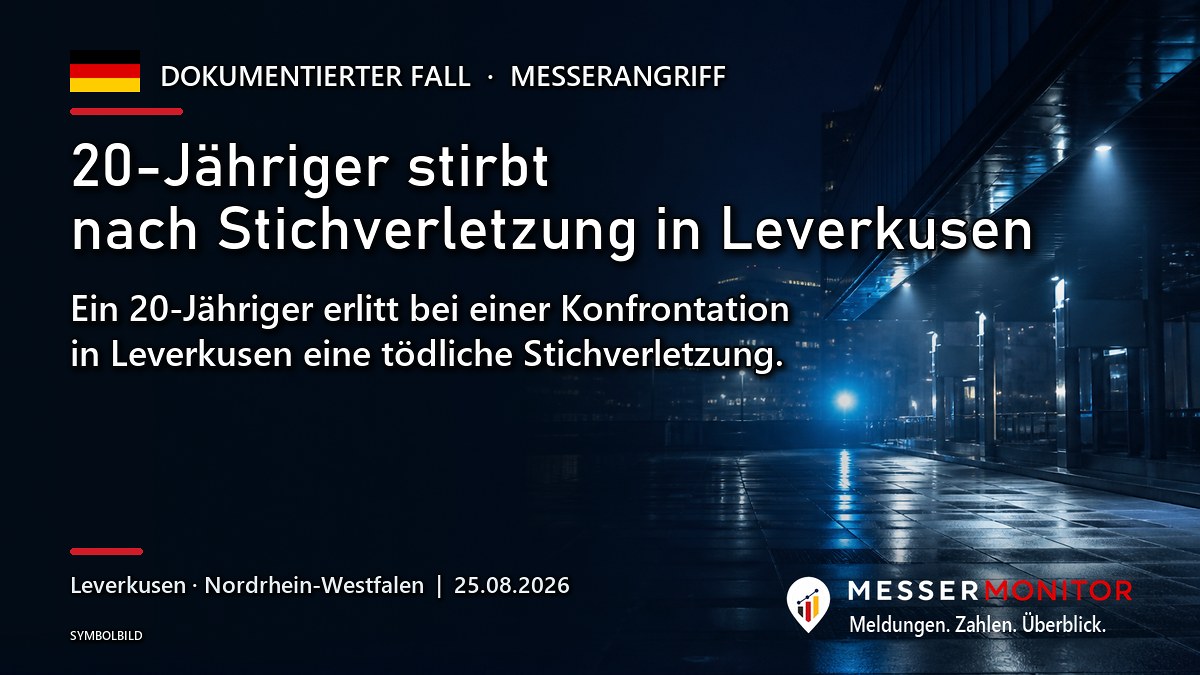 Titelgrafik: 20-Jähriger stirbt nach Stichverletzung in Leverkusen. Ein 20-Jähriger erlitt bei einer Konfrontation in Leverkusen eine tödliche Stichverletzung..