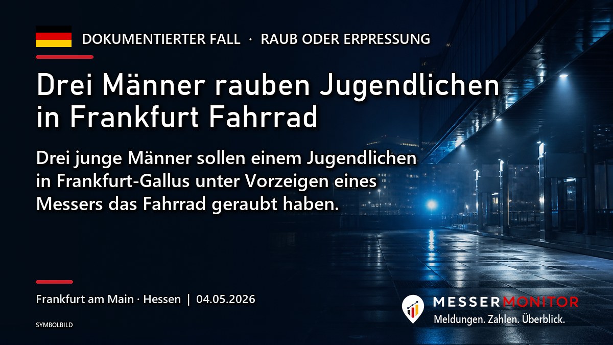 Titelgrafik: Drei Männer rauben Jugendlichen in Frankfurt Fahrrad. Drei junge Männer sollen einem Jugendlichen in Frankfurt-Gallus unter Vorzeigen eines Messers das Fahrrad geraubt haben..