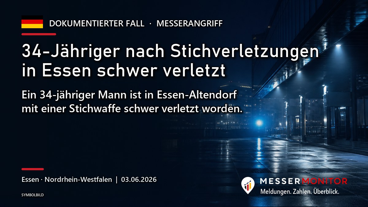 Titelgrafik: 34-Jähriger nach Stichverletzungen in Essen schwer verletzt. Ein 34-jähriger Mann ist in Essen-Altendorf mit einer Stichwaffe schwer verletzt worden..