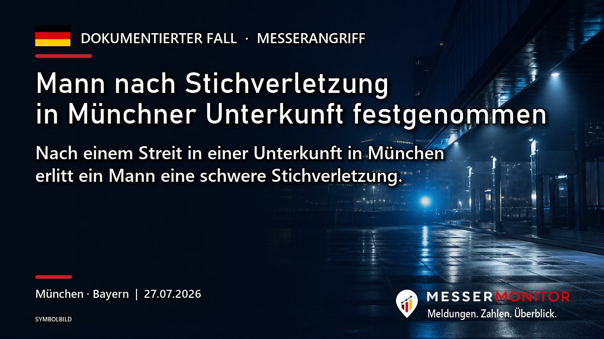 Titelgrafik: Mann nach Stichverletzung in Münchner Unterkunft festgenommen. Nach einem Streit in einer Unterkunft in München erlitt ein Mann eine schwere Stichverletzung..