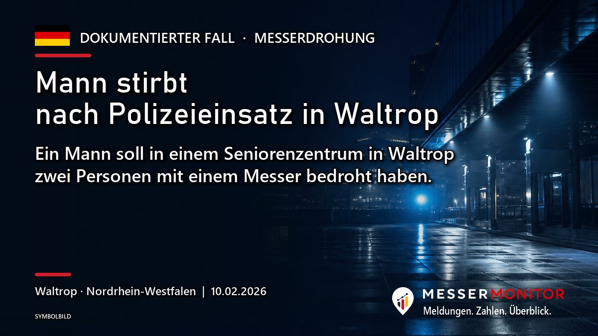 Titelgrafik: Mann stirbt nach Polizeieinsatz in Waltrop. Ein Mann soll in einem Seniorenzentrum in Waltrop zwei Personen mit einem Messer bedroht haben..
