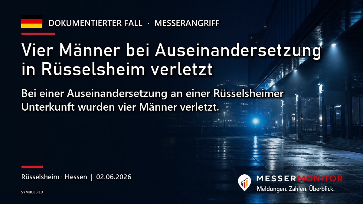 Titelgrafik: Vier Männer bei Auseinandersetzung in Rüsselsheim verletzt. Bei einer Auseinandersetzung an einer Rüsselsheimer Unterkunft wurden vier Männer verletzt..