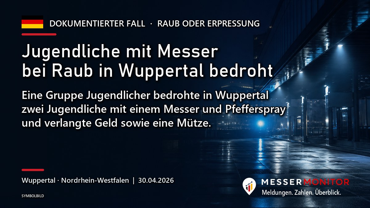 Titelgrafik: Jugendliche mit Messer bei Raub in Wuppertal bedroht. Eine Gruppe Jugendlicher bedrohte in Wuppertal zwei Jugendliche mit einem Messer und Pfefferspray und verlangte Geld sowie eine Mütze..