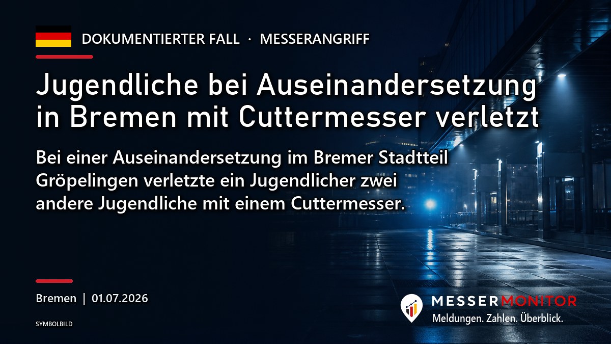 Titelgrafik: Jugendliche bei Auseinandersetzung in Bremen mit Cuttermesser verletzt. Bei einer Auseinandersetzung im Bremer Stadtteil Gröpelingen verletzte ein Jugendlicher zwei andere Jugendliche mit einem Cuttermesser..
