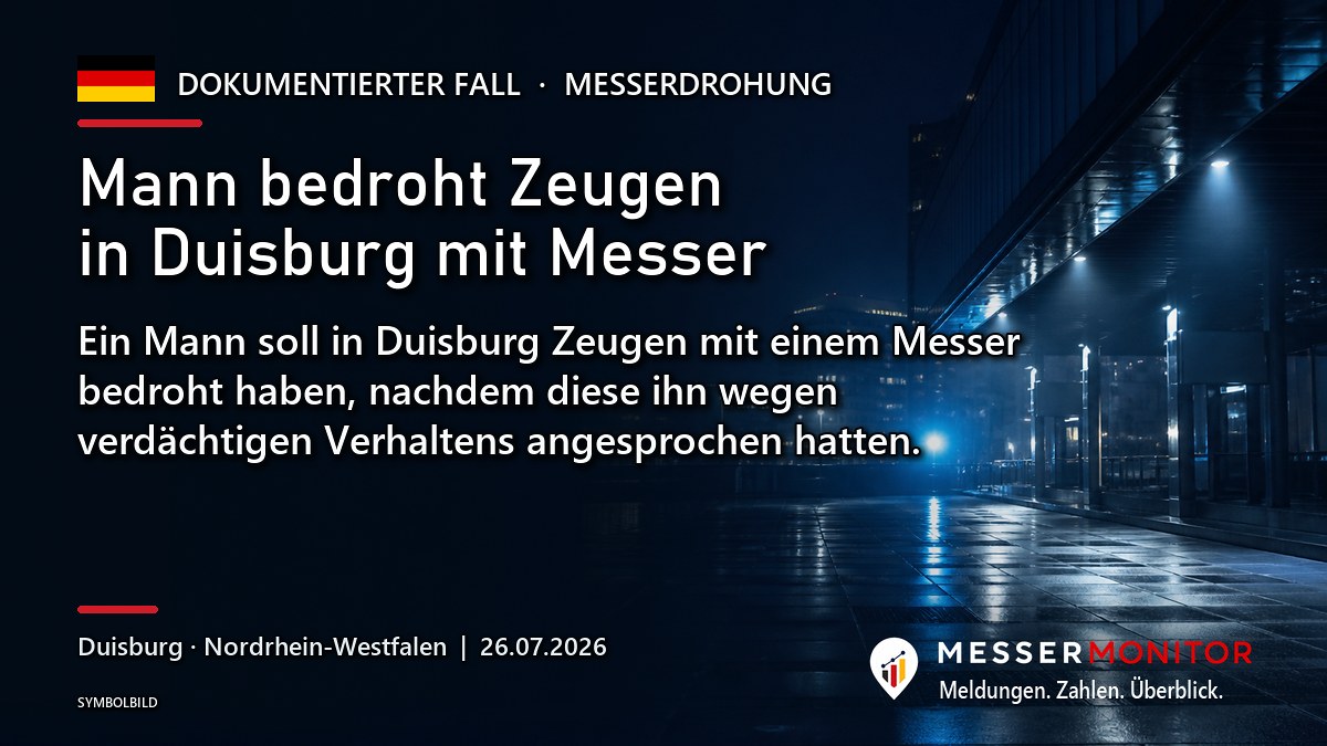 Titelgrafik: Mann bedroht Zeugen in Duisburg mit Messer. Ein Mann soll in Duisburg Zeugen mit einem Messer bedroht haben, nachdem diese ihn wegen verdächtigen Verhaltens angesprochen hatten..