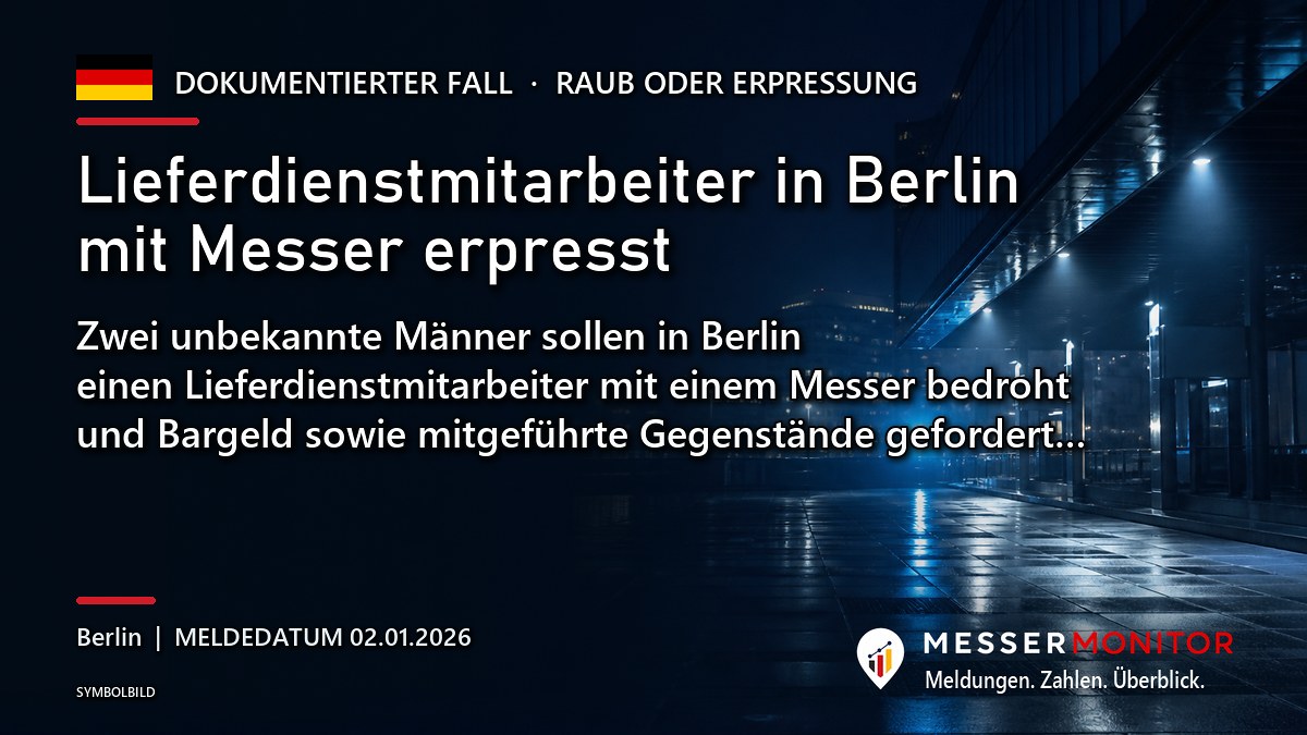 Titelgrafik: Lieferdienstmitarbeiter in Berlin mit Messer erpresst. Zwei unbekannte Männer sollen in Berlin einen Lieferdienstmitarbeiter mit einem Messer bedroht und Bargeld sowie mitgeführte Gegenstände gefordert….