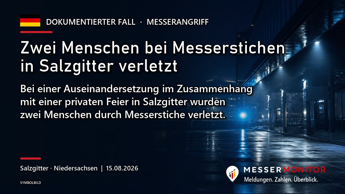Titelgrafik: Zwei Menschen bei Messerstichen in Salzgitter verletzt. Bei einer Auseinandersetzung im Zusammenhang mit einer privaten Feier in Salzgitter wurden zwei Menschen durch Messerstiche verletzt..