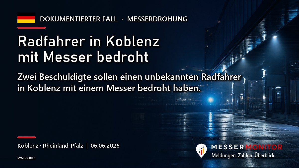 Titelgrafik: Radfahrer in Koblenz mit Messer bedroht. Zwei Beschuldigte sollen einen unbekannten Radfahrer in Koblenz mit einem Messer bedroht haben..