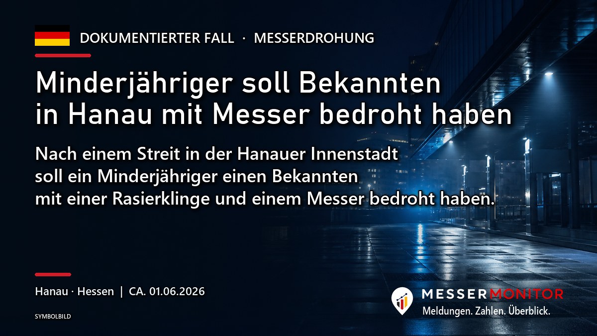 Titelgrafik: Minderjähriger soll Bekannten in Hanau mit Messer bedroht haben. Nach einem Streit in der Hanauer Innenstadt soll ein Minderjähriger einen Bekannten mit einer Rasierklinge und einem Messer bedroht haben..