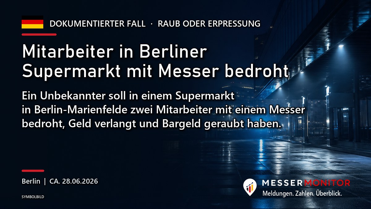 Titelgrafik: Mitarbeiter in Berliner Supermarkt mit Messer bedroht. Ein Unbekannter soll in einem Supermarkt in Berlin-Marienfelde zwei Mitarbeiter mit einem Messer bedroht, Geld verlangt und Bargeld geraubt haben..