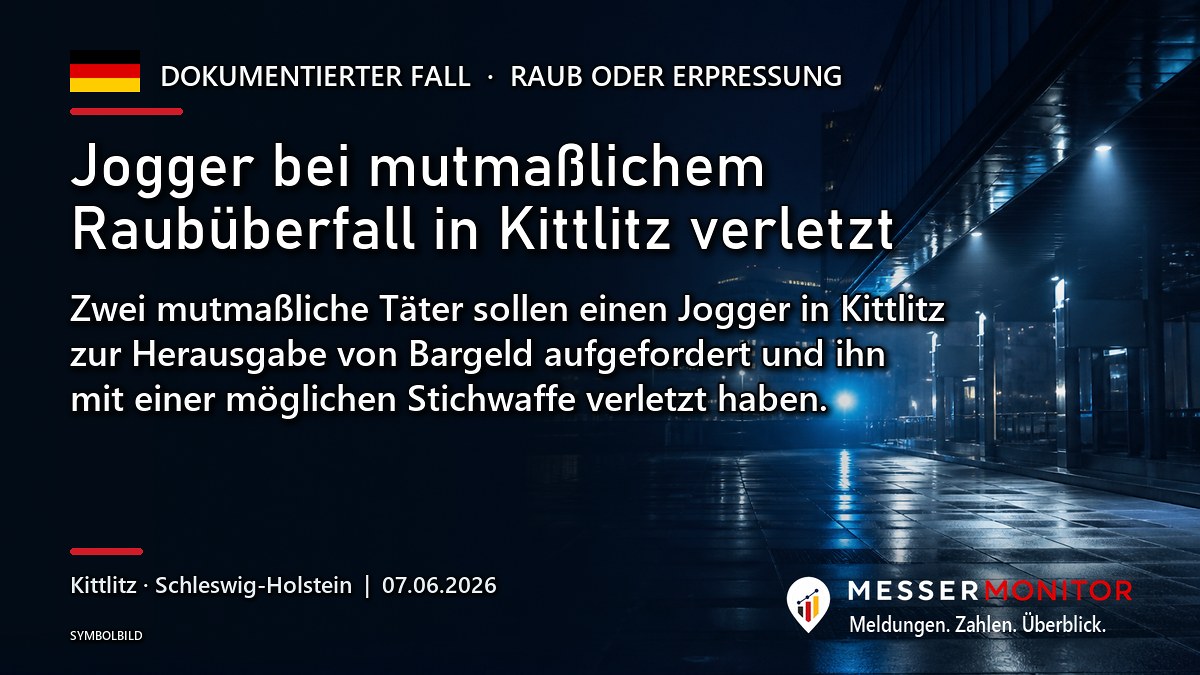 Titelgrafik: Jogger bei mutmaßlichem Raubüberfall in Kittlitz verletzt. Zwei mutmaßliche Täter sollen einen Jogger in Kittlitz zur Herausgabe von Bargeld aufgefordert und ihn mit einer möglichen Stichwaffe verletzt haben..