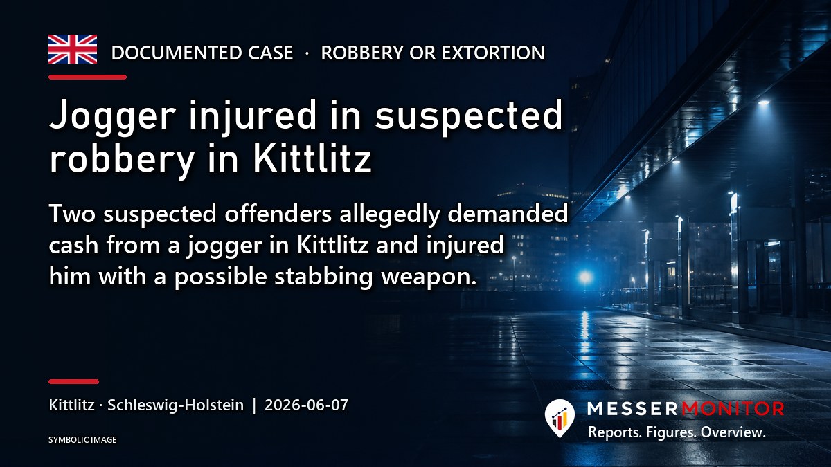 Title image: Jogger injured in suspected robbery in Kittlitz. Two suspected offenders allegedly demanded cash from a jogger in Kittlitz and injured him with a possible stabbing weapon..