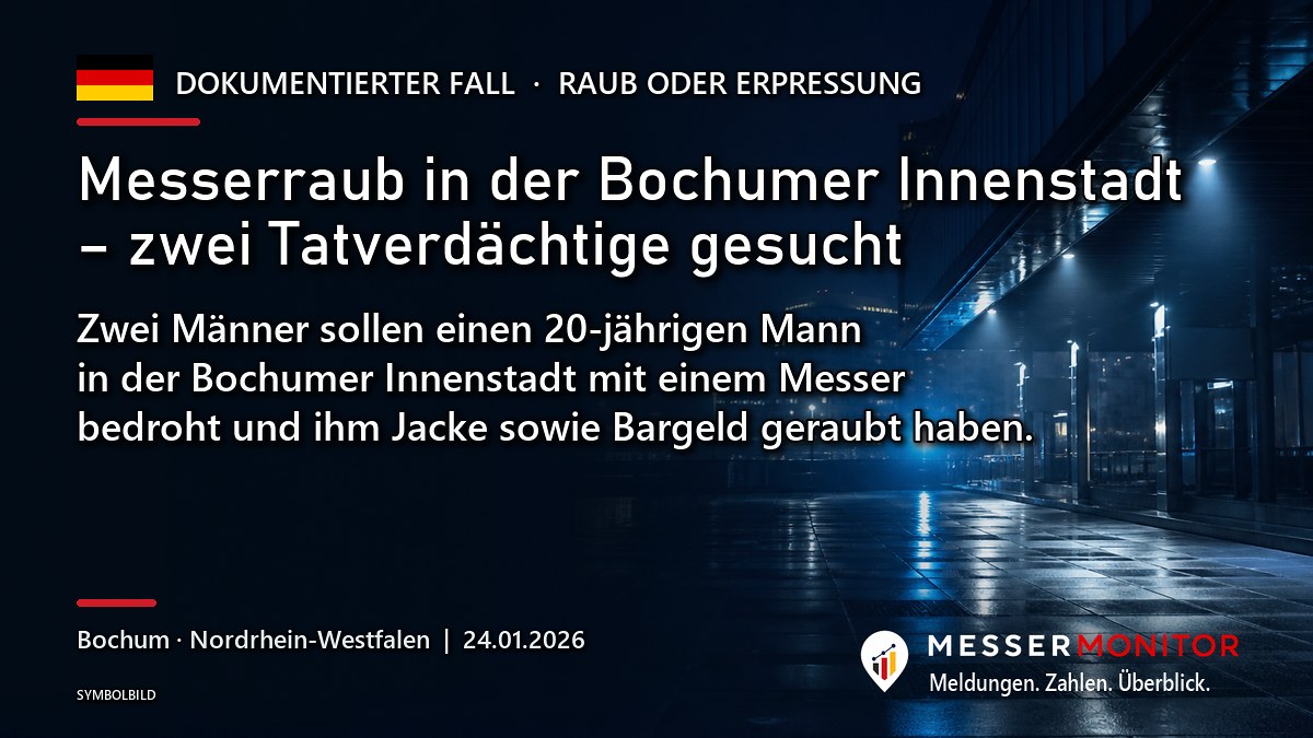 Titelgrafik: Messerraub in der Bochumer Innenstadt – zwei Tatverdächtige gesucht. Zwei Männer sollen einen 20-jährigen Mann in der Bochumer Innenstadt mit einem Messer bedroht und ihm Jacke sowie Bargeld geraubt haben..