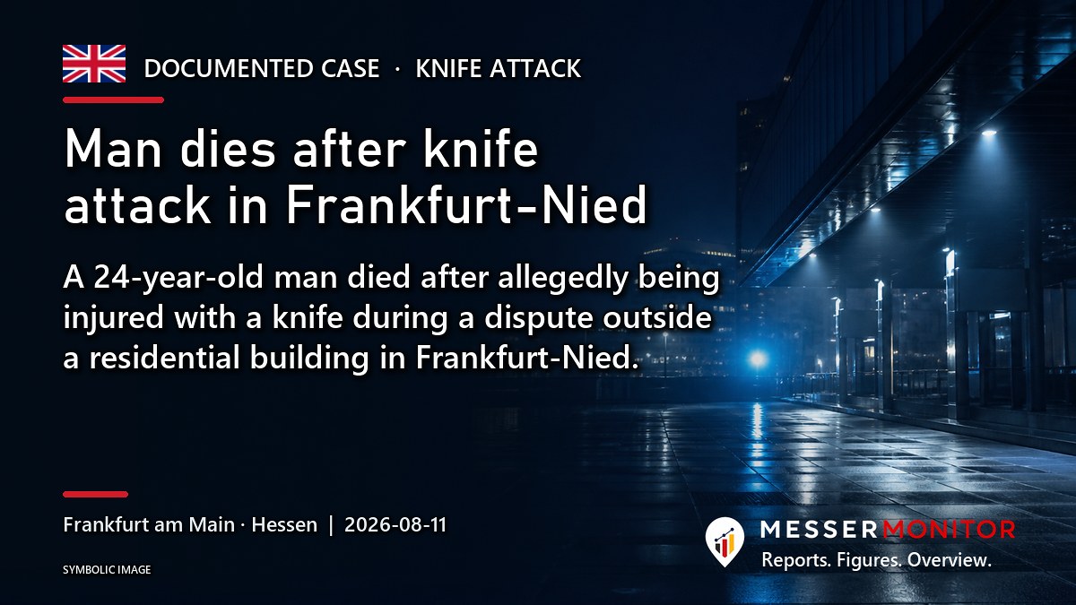 Title image: Man dies after knife attack in Frankfurt-Nied. A 24-year-old man died after allegedly being injured with a knife during a dispute outside a residential building in Frankfurt-Nied..