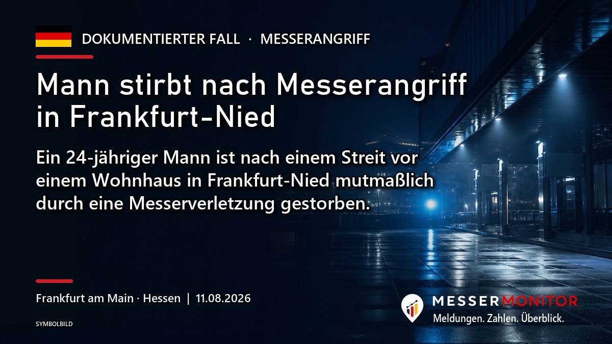 Titelgrafik: Mann stirbt nach Messerangriff in Frankfurt-Nied. Ein 24-jähriger Mann ist nach einem Streit vor einem Wohnhaus in Frankfurt-Nied mutmaßlich durch eine Messerverletzung gestorben..