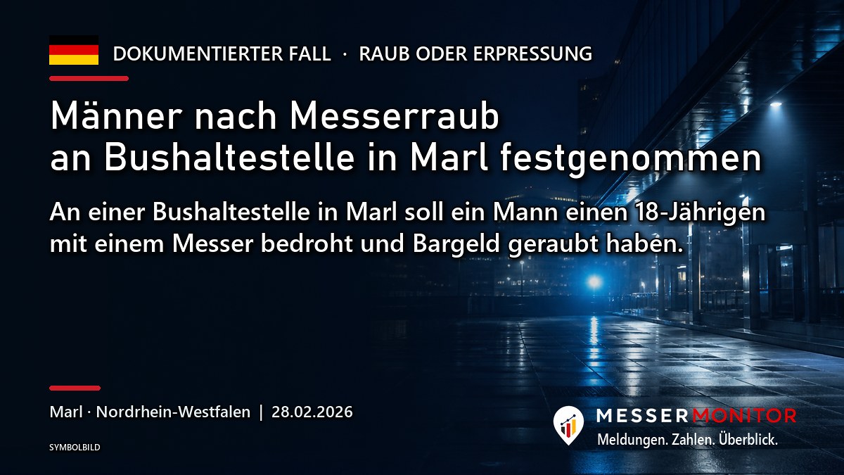 Titelgrafik: Männer nach Messerraub an Bushaltestelle in Marl festgenommen. An einer Bushaltestelle in Marl soll ein Mann einen 18-Jährigen mit einem Messer bedroht und Bargeld geraubt haben..
