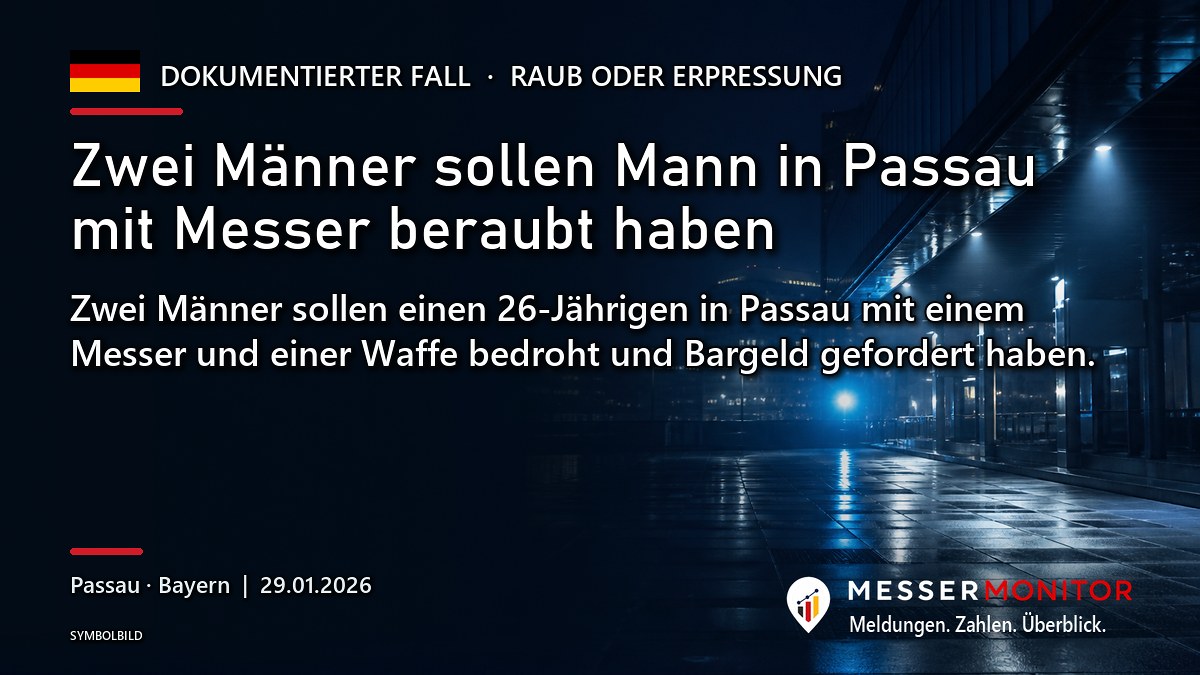 Titelgrafik: Zwei Männer sollen Mann in Passau mit Messer beraubt haben. Zwei Männer sollen einen 26-Jährigen in Passau mit einem Messer und einer Waffe bedroht und Bargeld gefordert haben..