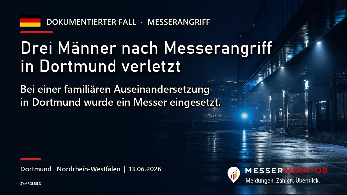 Titelgrafik: Drei Männer nach Messerangriff in Dortmund verletzt. Bei einer familiären Auseinandersetzung in Dortmund wurde ein Messer eingesetzt..