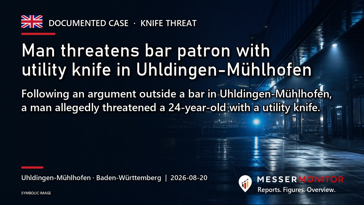 Title image: Man threatens bar patron with utility knife in Uhldingen-Mühlhofen. Following an argument outside a bar in Uhldingen-Mühlhofen, a man allegedly threatened a 24-year-old with a utility knife..