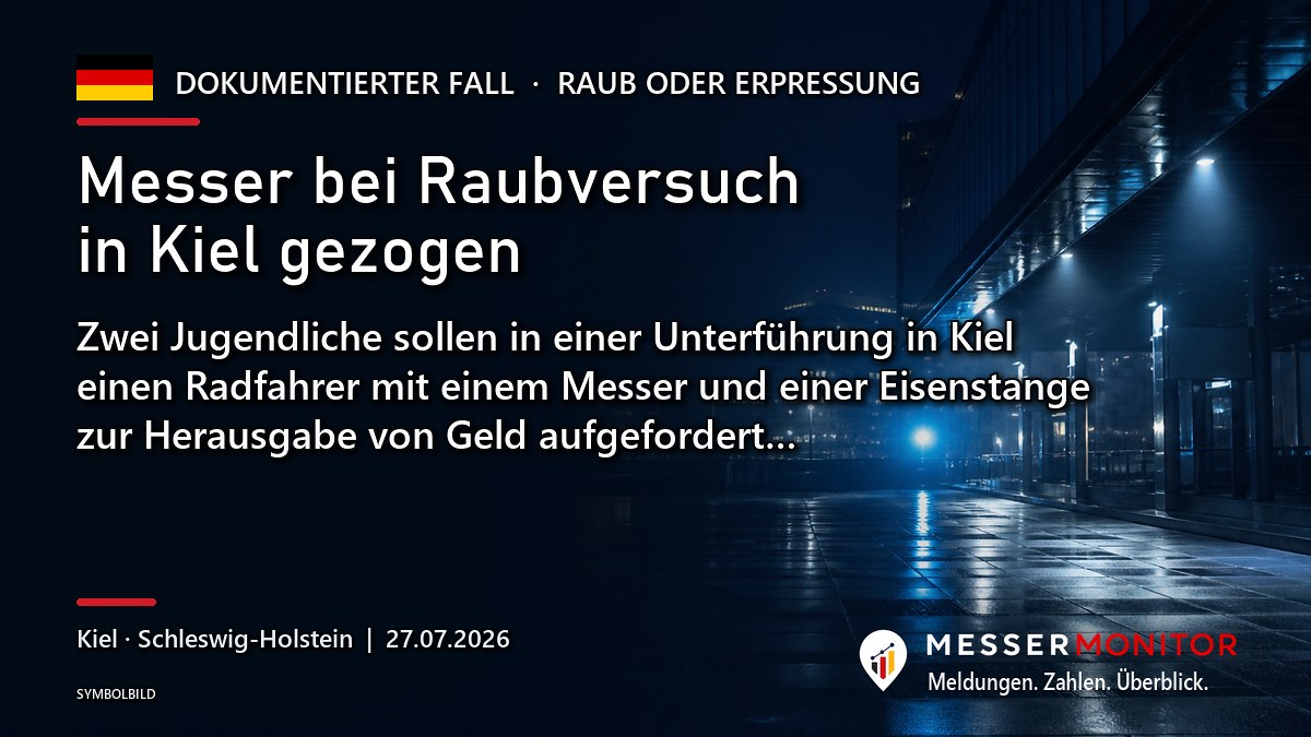 Titelgrafik: Messer bei Raubversuch in Kiel gezogen. Zwei Jugendliche sollen in einer Unterführung in Kiel einen Radfahrer mit einem Messer und einer Eisenstange zur Herausgabe von Geld aufgefordert….