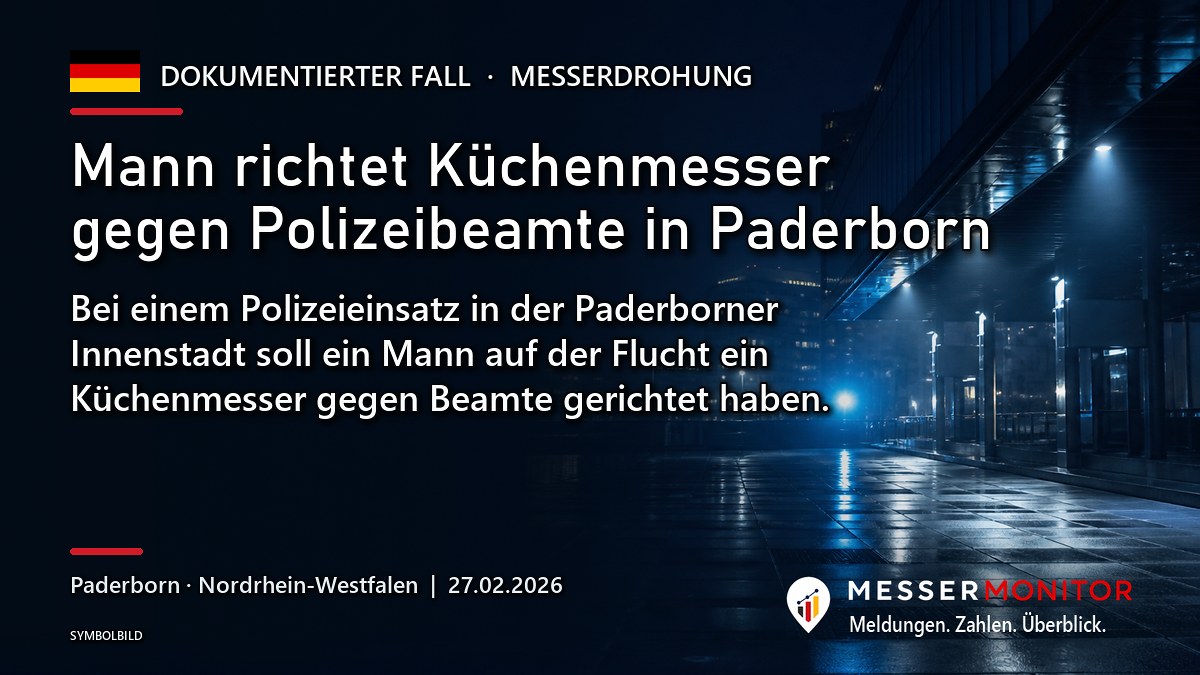 Titelgrafik: Mann richtet Küchenmesser gegen Polizeibeamte in Paderborn. Bei einem Polizeieinsatz in der Paderborner Innenstadt soll ein Mann auf der Flucht ein Küchenmesser gegen Beamte gerichtet haben..