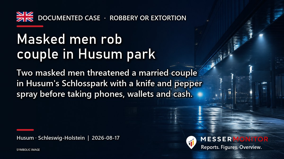 Title image: Masked men rob couple in Husum park. Two masked men threatened a married couple in Husum's Schlosspark with a knife and pepper spray before taking phones, wallets and cash..