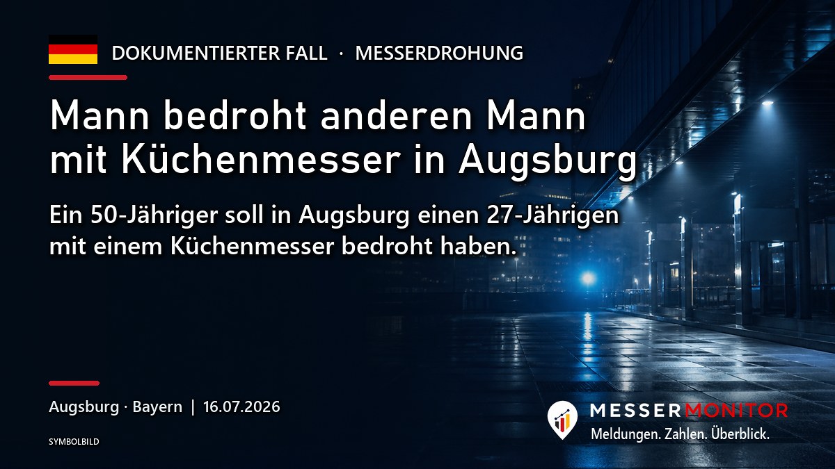 Titelgrafik: Mann bedroht anderen Mann mit Küchenmesser in Augsburg. Ein 50-Jähriger soll in Augsburg einen 27-Jährigen mit einem Küchenmesser bedroht haben..