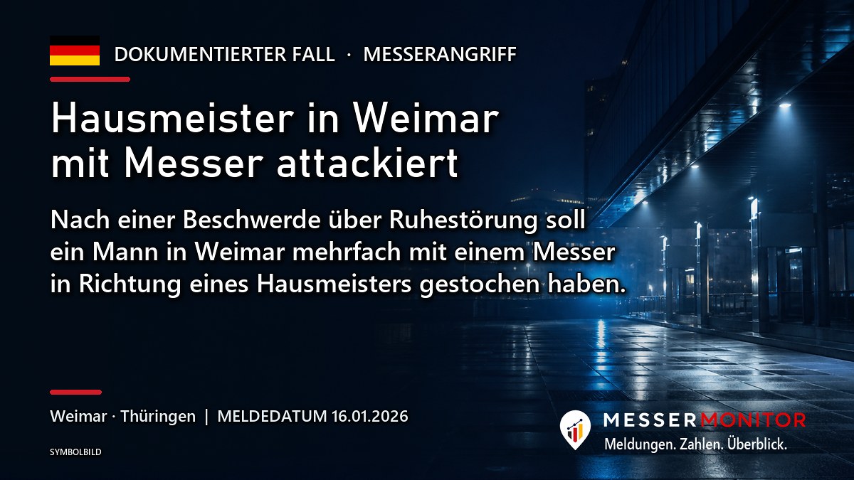 Titelgrafik: Hausmeister in Weimar mit Messer attackiert. Nach einer Beschwerde über Ruhestörung soll ein Mann in Weimar mehrfach mit einem Messer in Richtung eines Hausmeisters gestochen haben..
