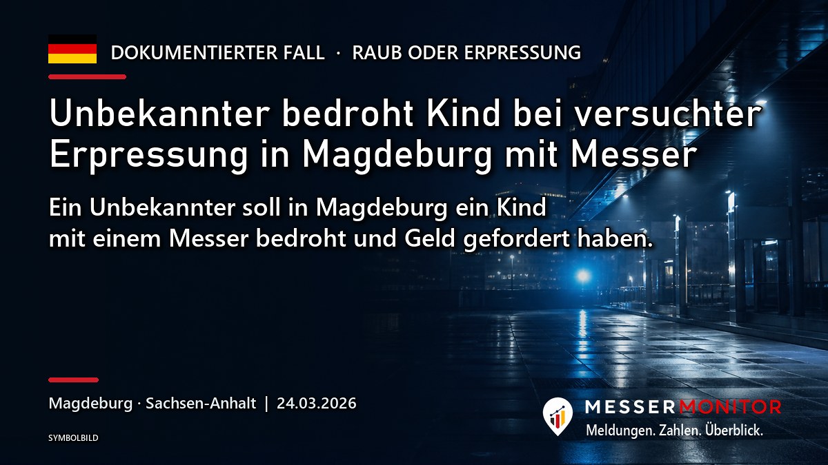 Titelgrafik: Unbekannter bedroht Kind bei versuchter Erpressung in Magdeburg mit Messer. Ein Unbekannter soll in Magdeburg ein Kind mit einem Messer bedroht und Geld gefordert haben..