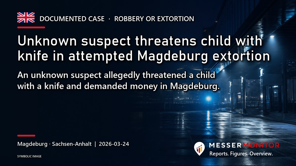 Title image: Unknown suspect threatens child with knife in attempted Magdeburg extortion. An unknown suspect allegedly threatened a child with a knife and demanded money in Magdeburg..