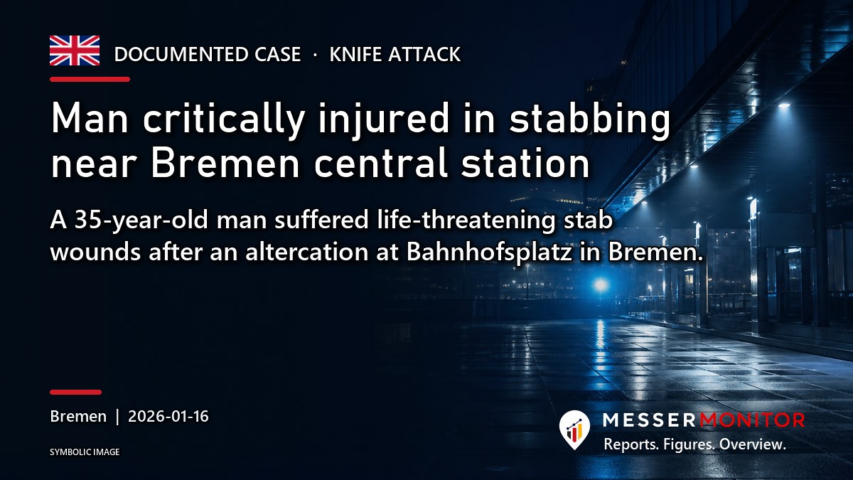 Title image: Man critically injured in stabbing near Bremen central station. A 35-year-old man suffered life-threatening stab wounds after an altercation at Bahnhofsplatz in Bremen..