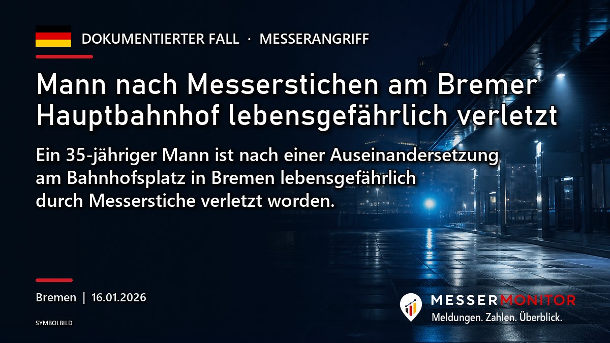 Titelgrafik: Mann nach Messerstichen am Bremer Hauptbahnhof lebensgefährlich verletzt. Ein 35-jähriger Mann ist nach einer Auseinandersetzung am Bahnhofsplatz in Bremen lebensgefährlich durch Messerstiche verletzt worden..