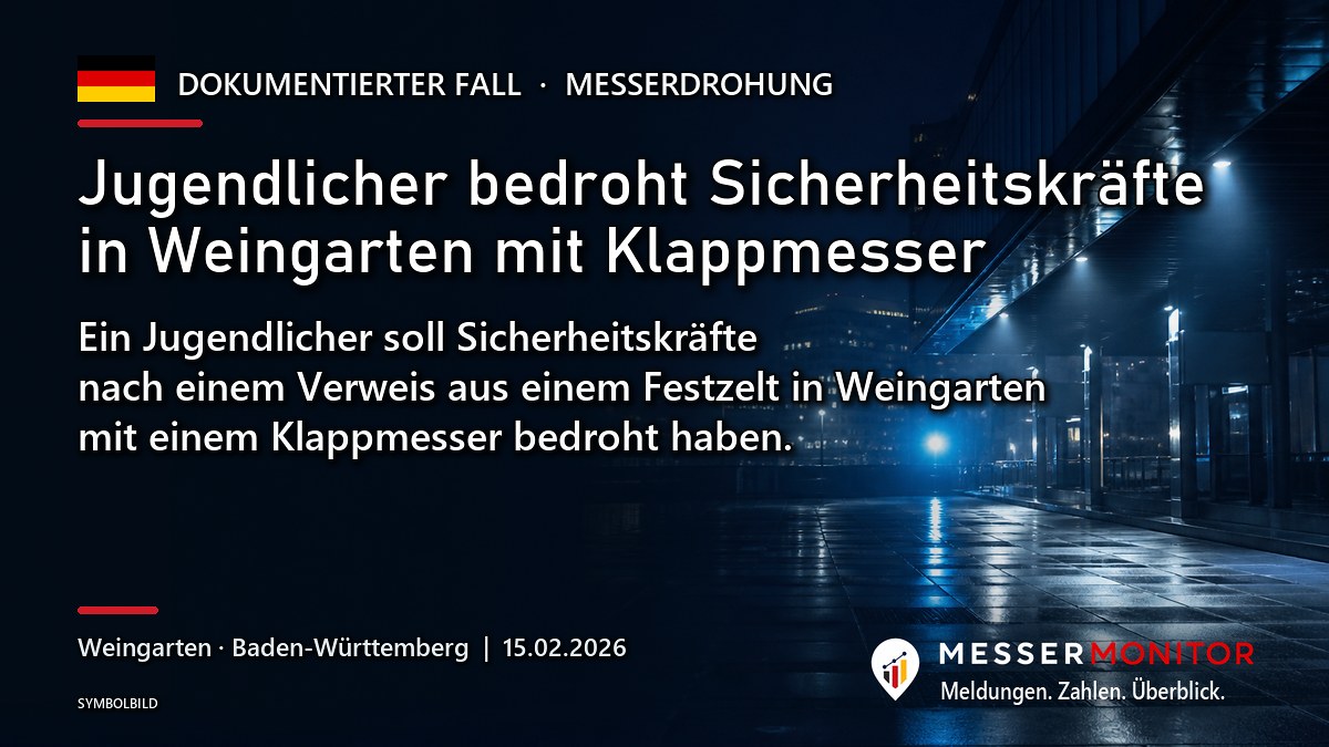 Titelgrafik: Jugendlicher bedroht Sicherheitskräfte in Weingarten mit Klappmesser. Ein Jugendlicher soll Sicherheitskräfte nach einem Verweis aus einem Festzelt in Weingarten mit einem Klappmesser bedroht haben..