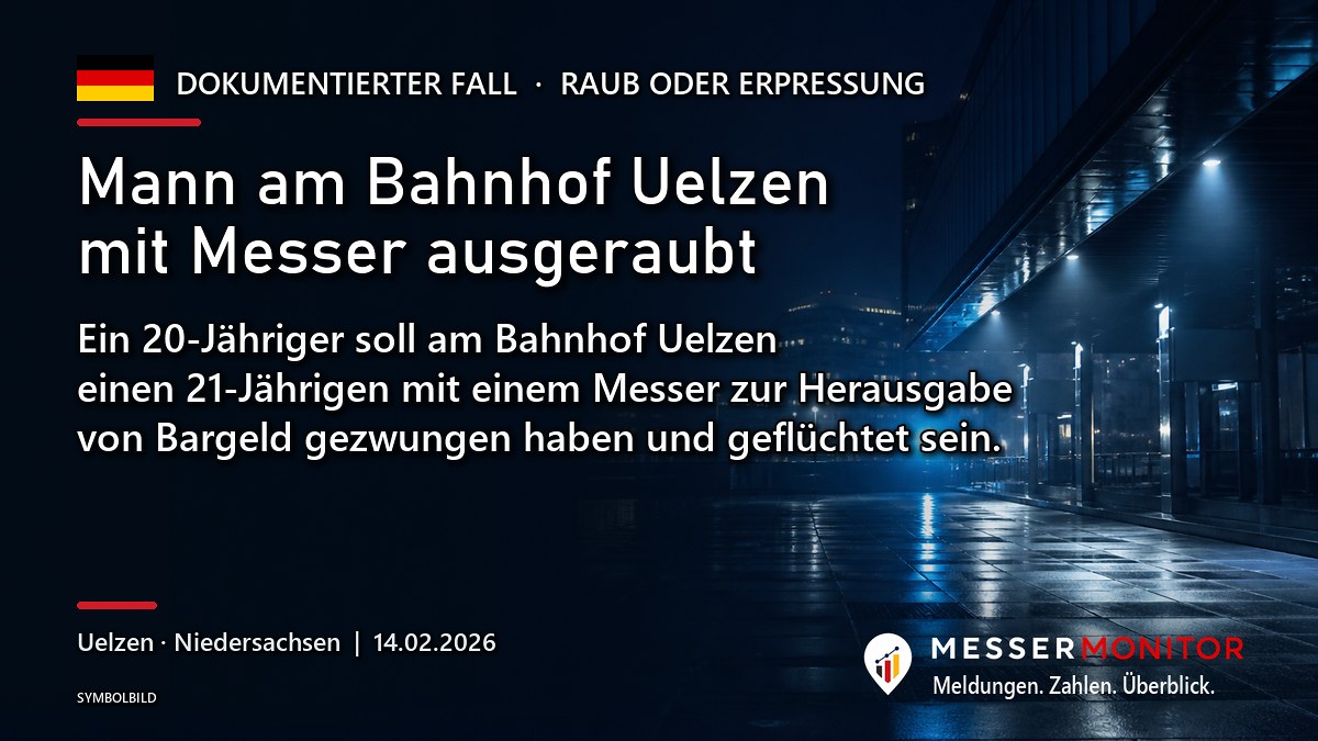 Titelgrafik: Mann am Bahnhof Uelzen mit Messer ausgeraubt. Ein 20-Jähriger soll am Bahnhof Uelzen einen 21-Jährigen mit einem Messer zur Herausgabe von Bargeld gezwungen haben und geflüchtet sein..