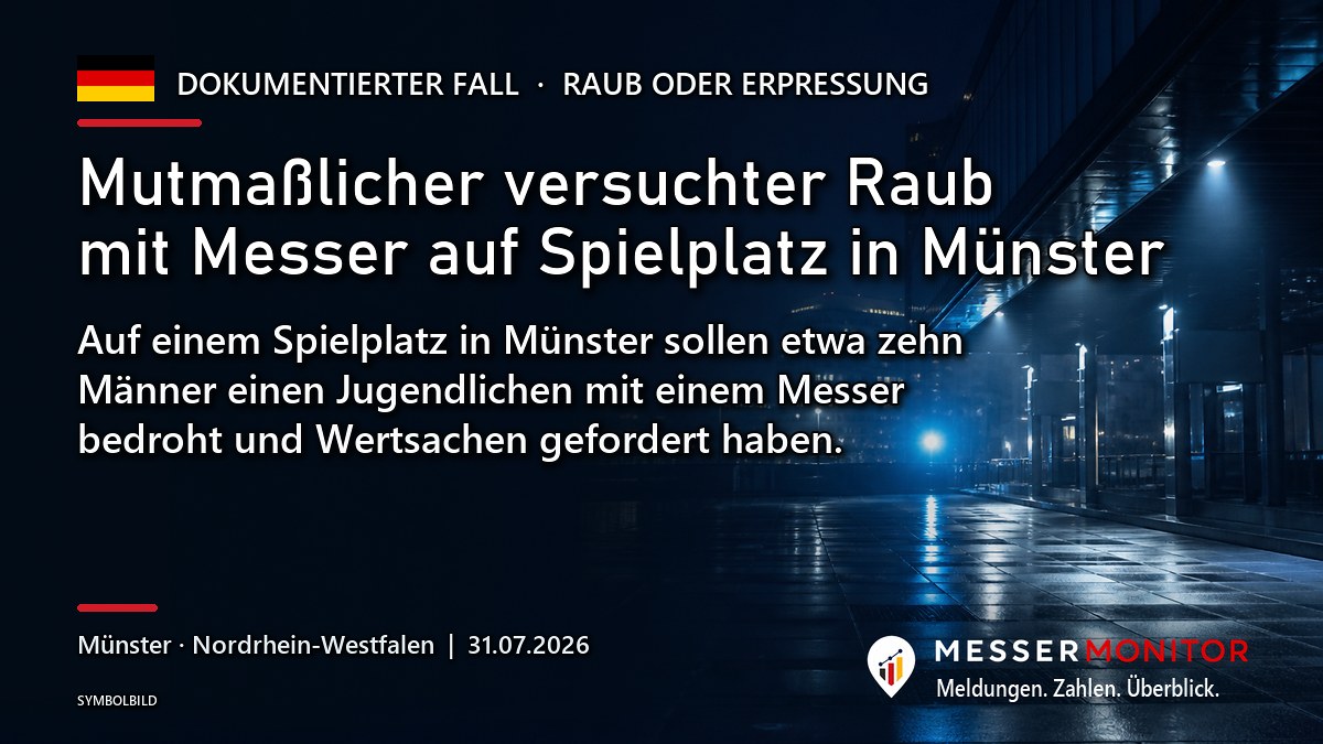 Titelgrafik: Mutmaßlicher versuchter Raub mit Messer auf Spielplatz in Münster. Auf einem Spielplatz in Münster sollen etwa zehn Männer einen Jugendlichen mit einem Messer bedroht und Wertsachen gefordert haben..