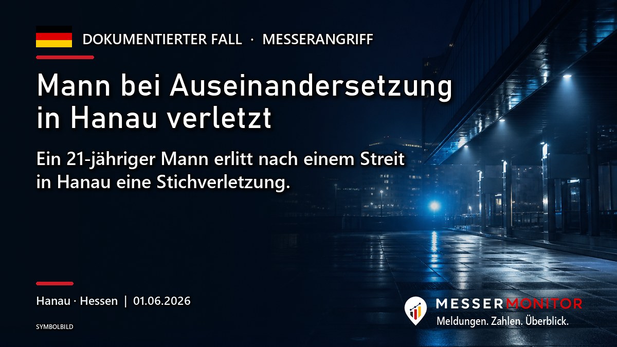 Titelgrafik: Mann bei Auseinandersetzung in Hanau verletzt. Ein 21-jähriger Mann erlitt nach einem Streit in Hanau eine Stichverletzung..