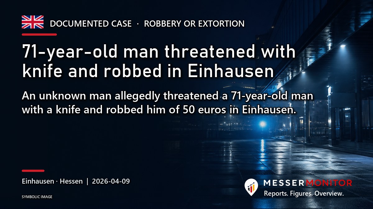 Title image: 71-year-old man threatened with knife and robbed in Einhausen. An unknown man allegedly threatened a 71-year-old man with a knife and robbed him of 50 euros in Einhausen..