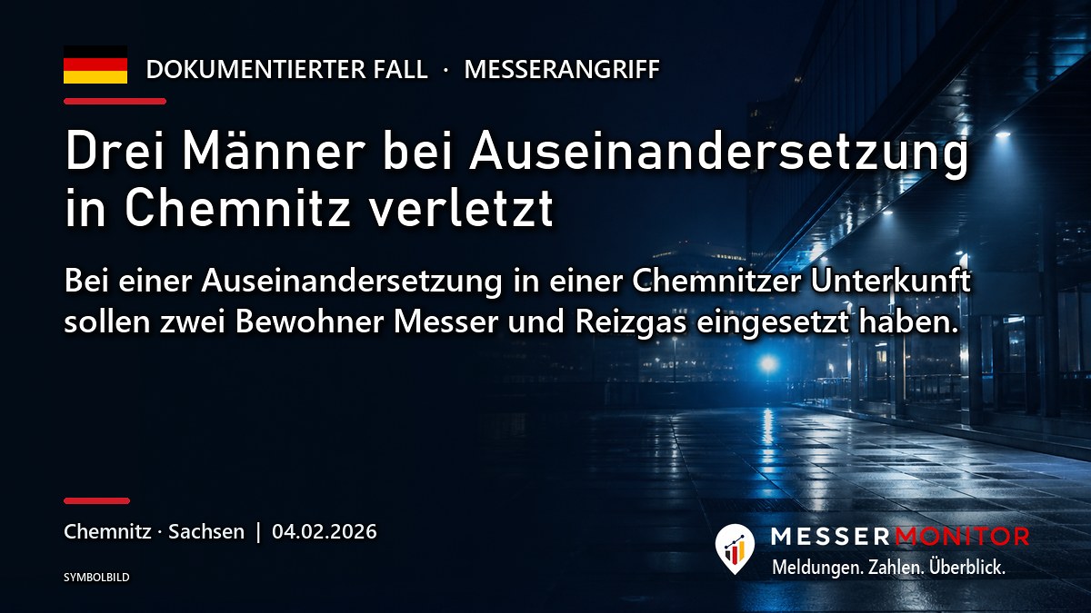 Titelgrafik: Drei Männer bei Auseinandersetzung in Chemnitz verletzt. Bei einer Auseinandersetzung in einer Chemnitzer Unterkunft sollen zwei Bewohner Messer und Reizgas eingesetzt haben..