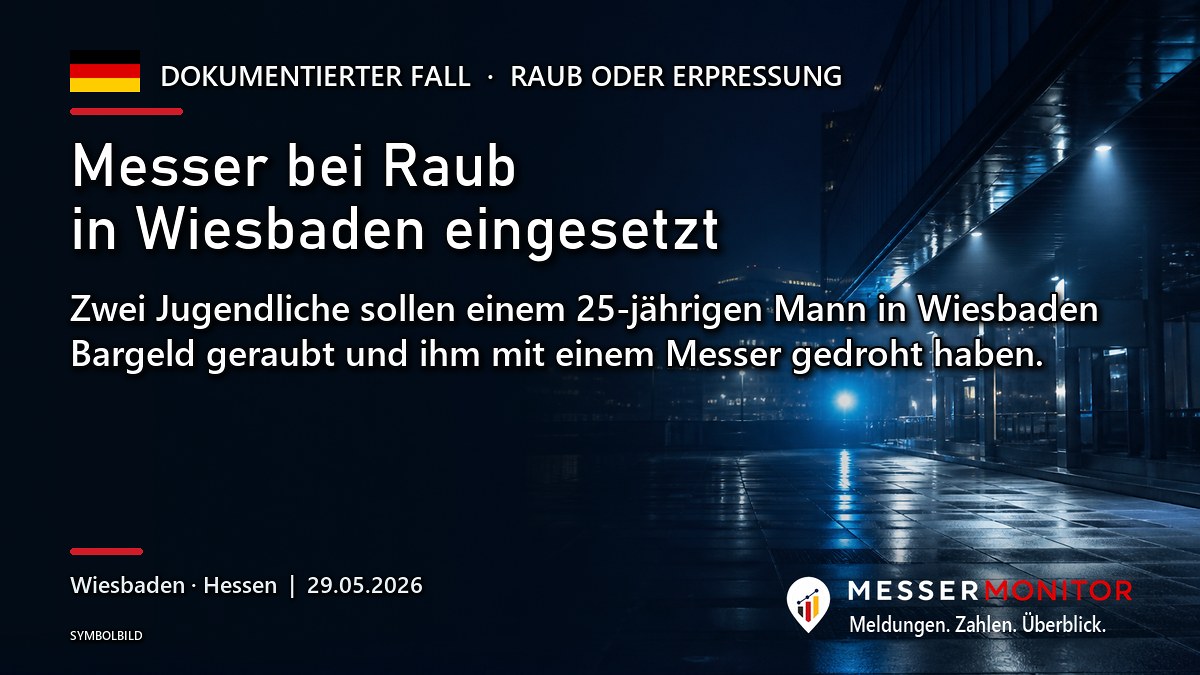 Titelgrafik: Messer bei Raub in Wiesbaden eingesetzt. Zwei Jugendliche sollen einem 25-jährigen Mann in Wiesbaden Bargeld geraubt und ihm mit einem Messer gedroht haben..