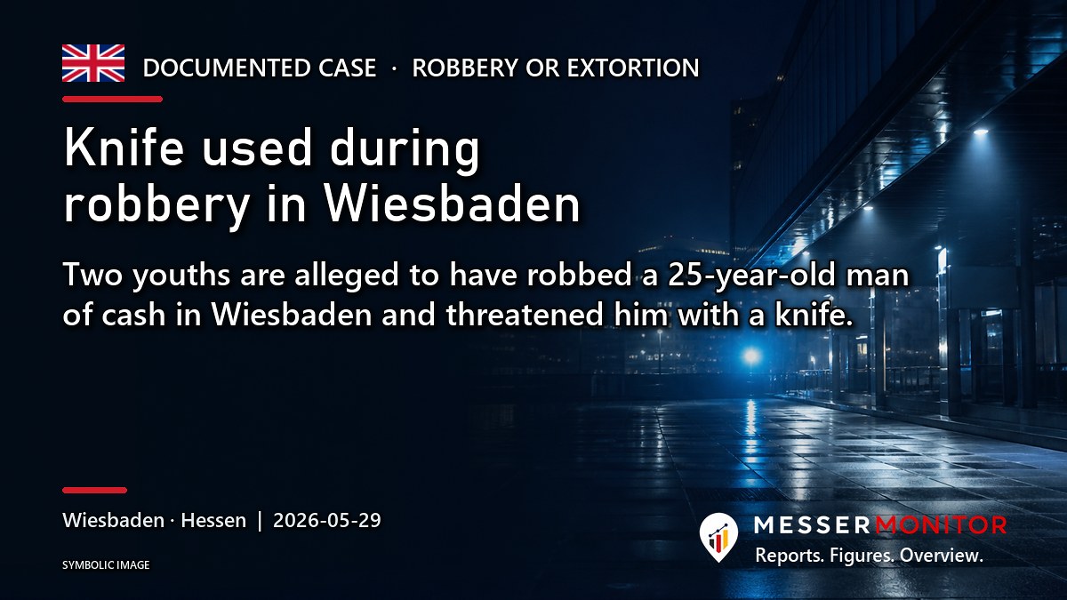 Title image: Knife used during robbery in Wiesbaden. Two youths are alleged to have robbed a 25-year-old man of cash in Wiesbaden and threatened him with a knife..