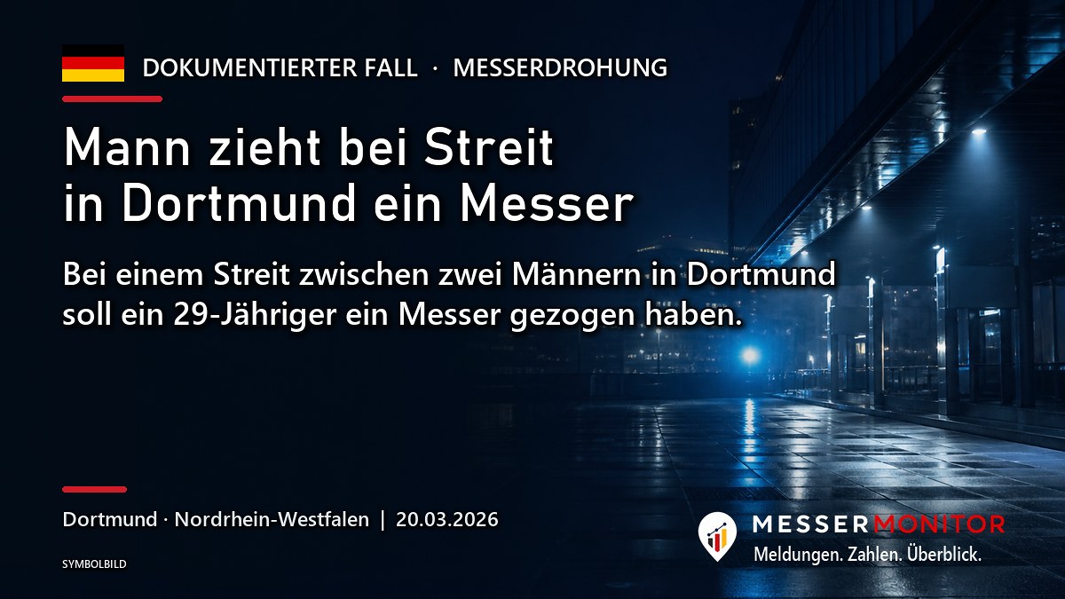 Titelgrafik: Mann zieht bei Streit in Dortmund ein Messer. Bei einem Streit zwischen zwei Männern in Dortmund soll ein 29-Jähriger ein Messer gezogen haben..