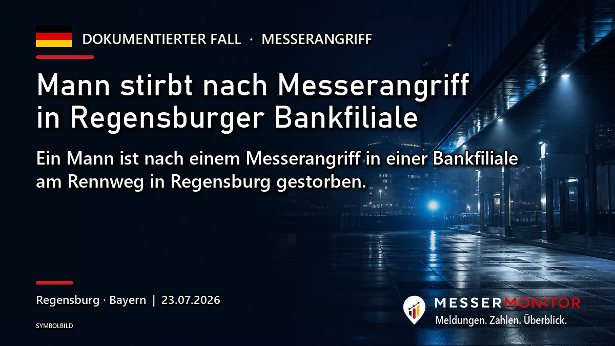 Titelgrafik: Mann stirbt nach Messerangriff in Regensburger Bankfiliale. Ein Mann ist nach einem Messerangriff in einer Bankfiliale am Rennweg in Regensburg gestorben..